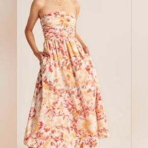Abercrombie & Fitch Strapless Floral Midi Dress in Pink & Yellow